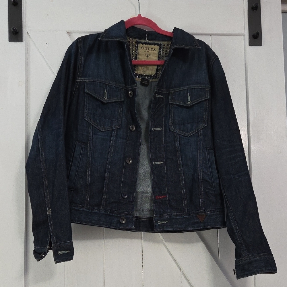 GUESS Dark Indigo Denim Jacket With Studs Across Back Shoulders